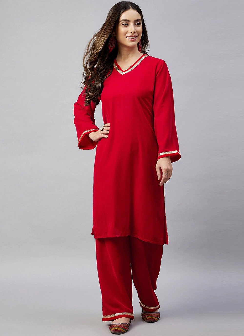 Designer Kurti Plain Velvet in Red