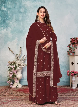 Designer Pakistani Salwar Suit Embroidered Art Silk in Maroon