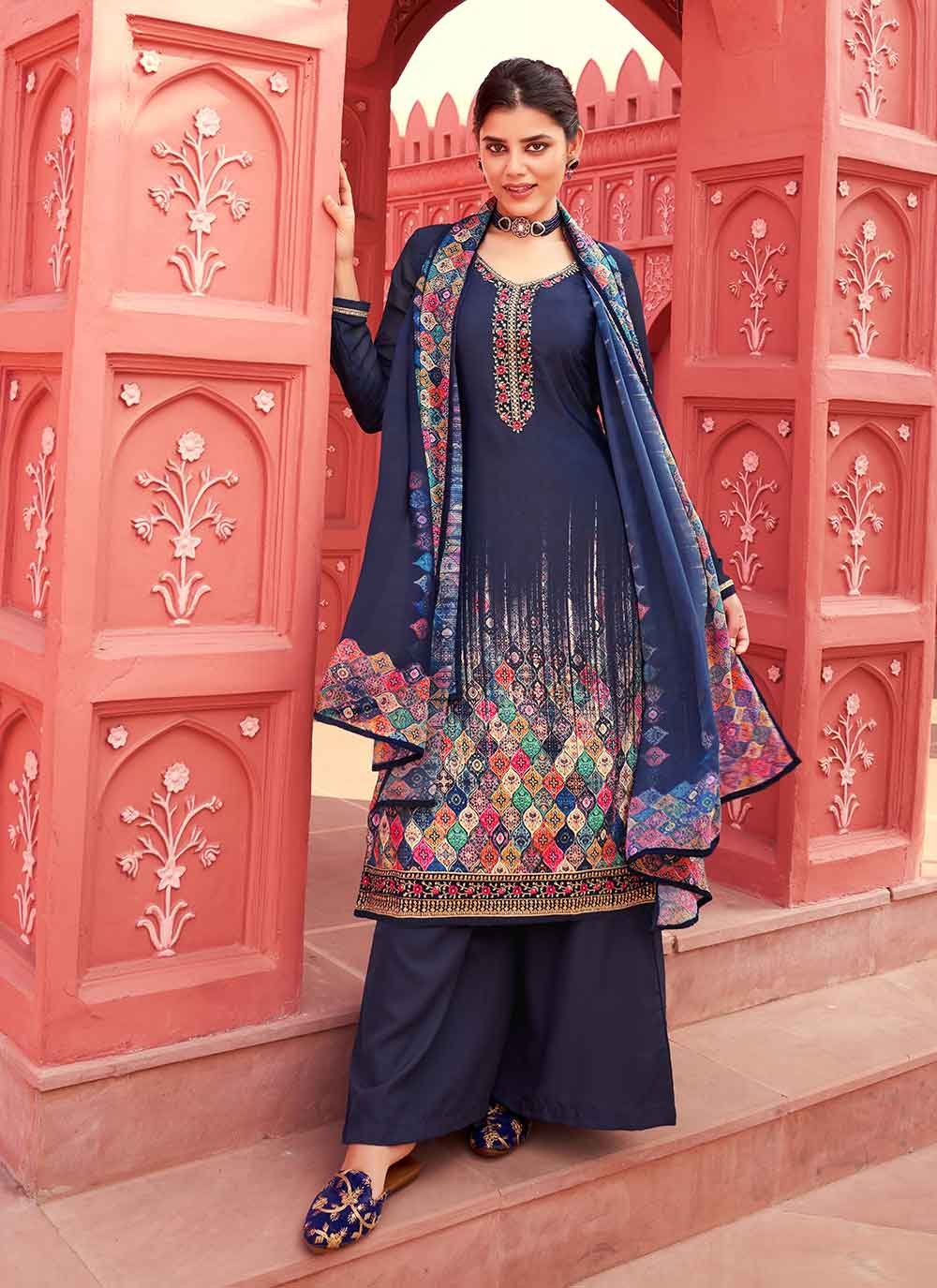 Designer Pakistani Salwar Suit Embroidered Faux Crepe in Navy Blue
