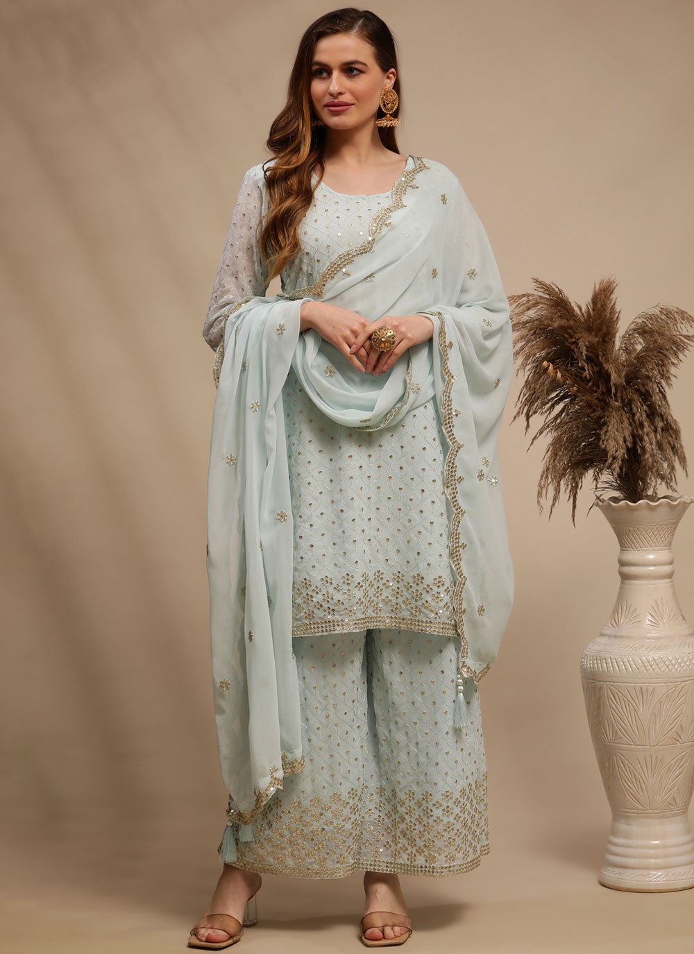 Designer Pakistani Salwar Suit Embroidered Faux Georgette in Blue