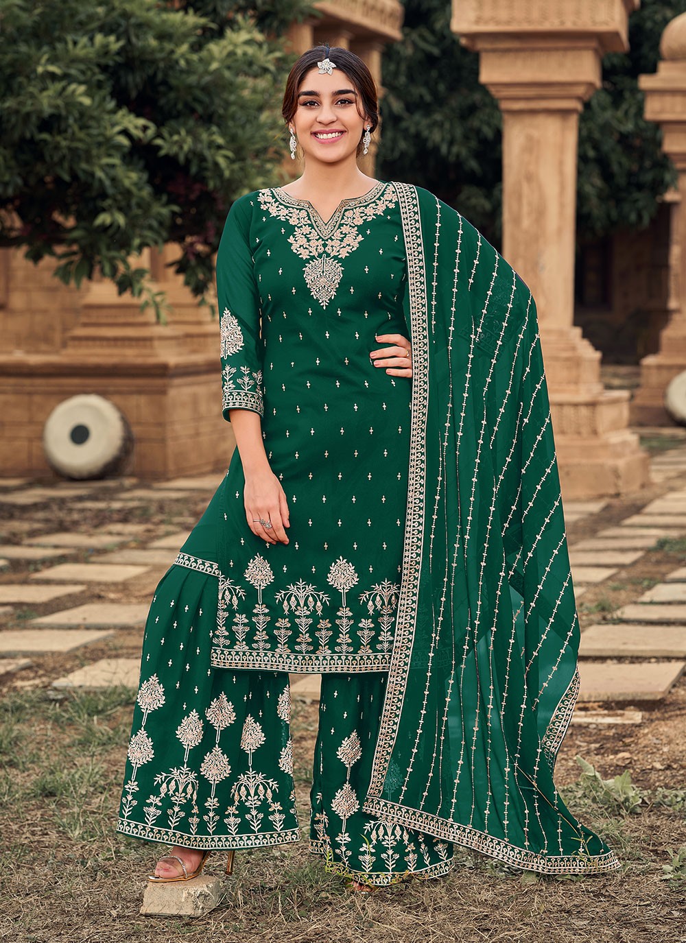 Embroidered Faux Georgette in Green