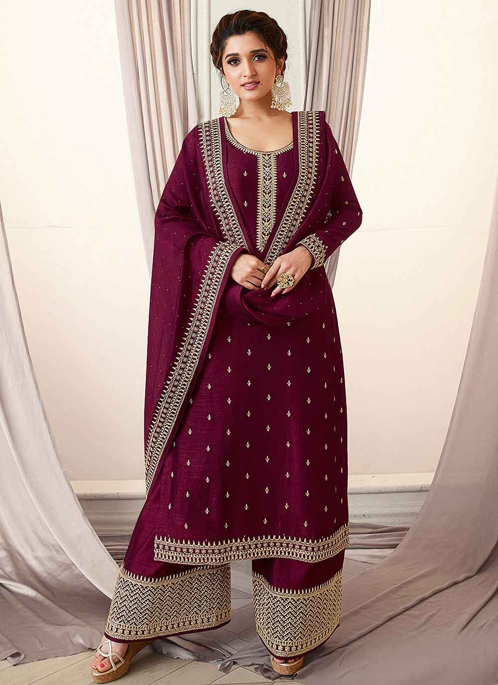 Designer Pakistani Suit Sequins Vichitra Silk in Wine