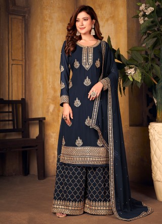 Designer Palazzo Salwar Suit Embroidered Faux Georgette in Navy Blue
