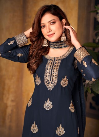 Designer Palazzo Salwar Suit Embroidered Faux Georgette in Navy Blue