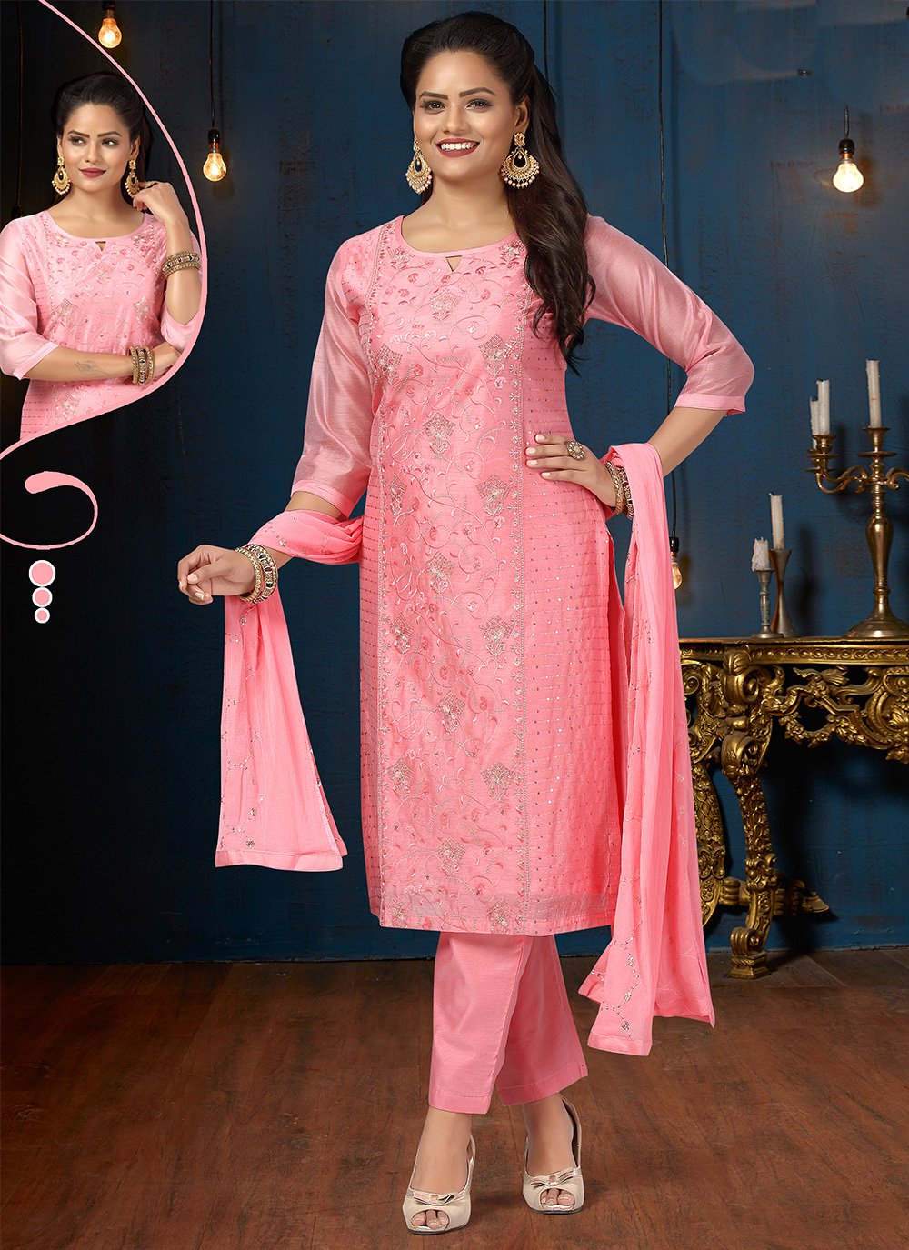 Designer Salwar Kameez Embroidered Silk in Pink