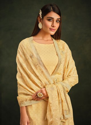 Designer Salwar Suit Embroidered Organza in Yellow