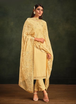 Designer Salwar Suit Embroidered Organza in Yellow