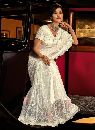 Designer Saree Diamond Net in Off White