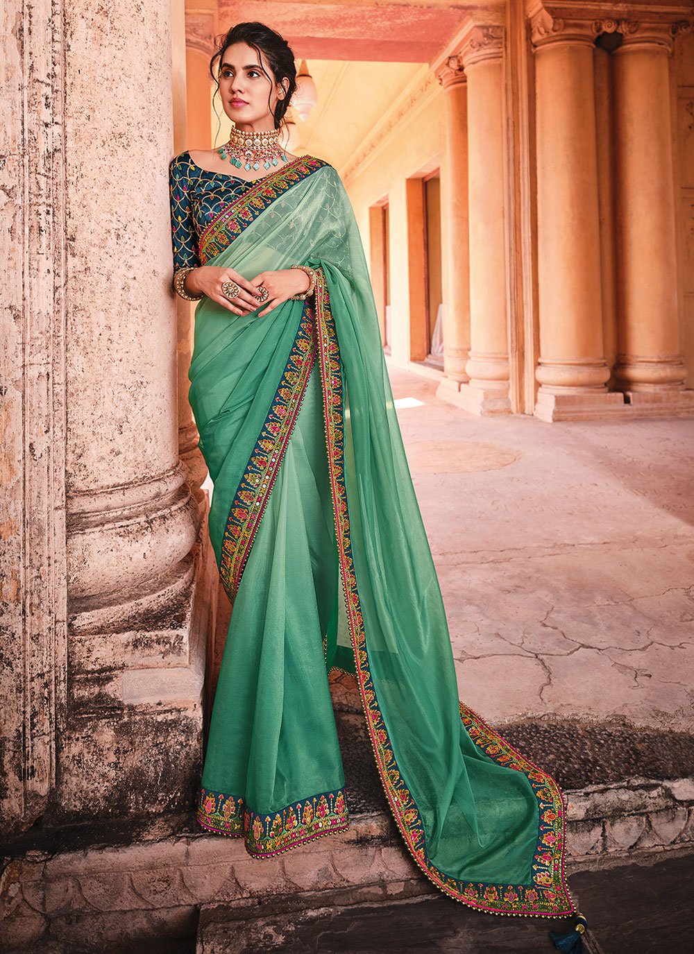 Designer Saree Embroidered Vichitra Silk in Turquoise