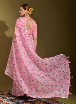 Designer Saree Printed Linen in Pink
