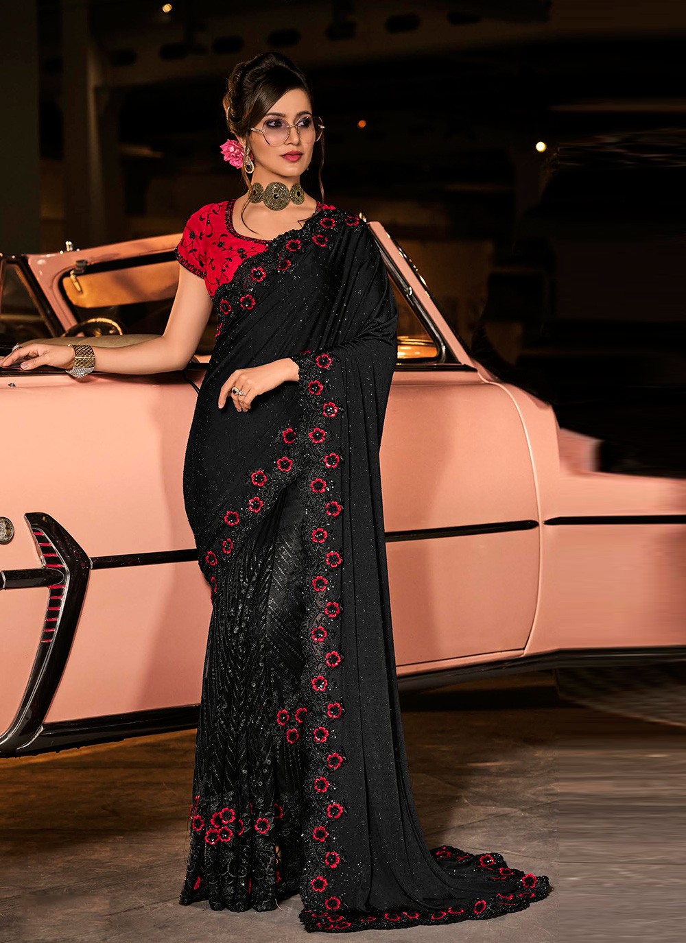 Designer Saree Sequins Fancy Fabric in Black