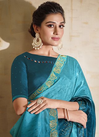 Designer Saree Swarovski Satin Silk in Blue