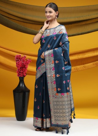 Designer Saree Woven Tussar Silk in Navy Blue