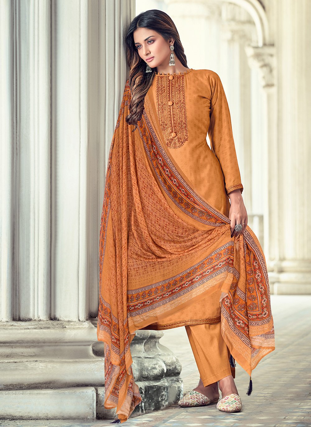 Designer Straight Salwar Suit Printed Muslin in Orange