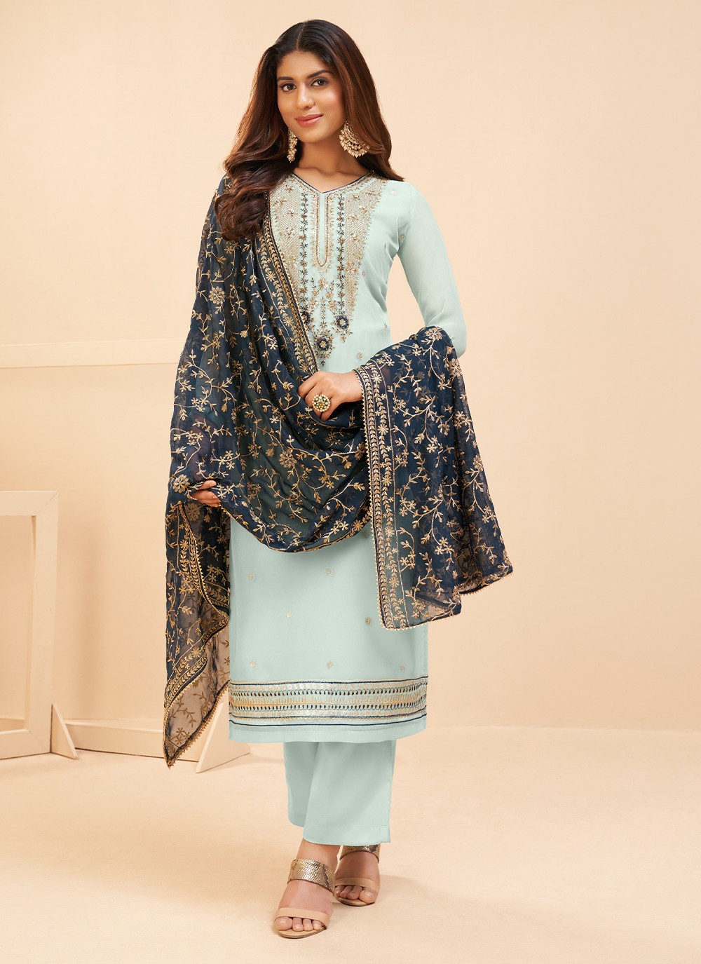Designer Straight Salwar Suit Zari Georgette in Aqua Blue