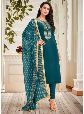 Designer Straight Suit Embroidered Chanderi Cotton in Teal