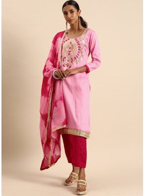 Designer Straight Suit Embroidered Cotton in Pink