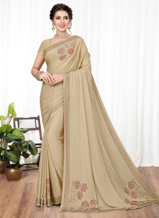 Designer Traditional Saree Embroidered Fancy Fabric in Beige