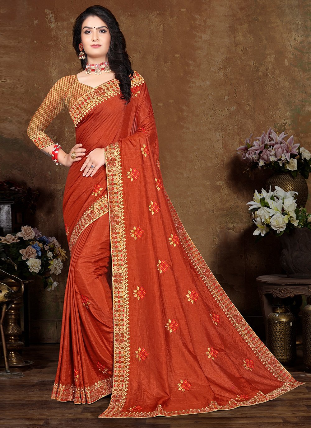 Designer Traditional Saree Patch Border Vichitra Silk in Orange