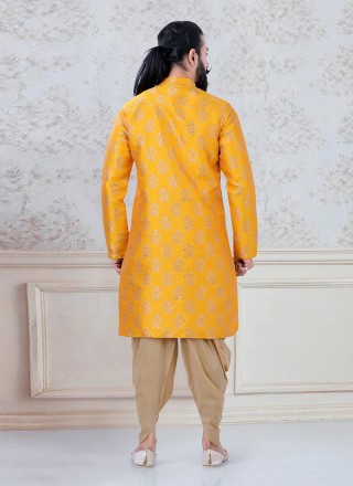 Dhoti Kurta Fancy Jamawar Silk in Yellow