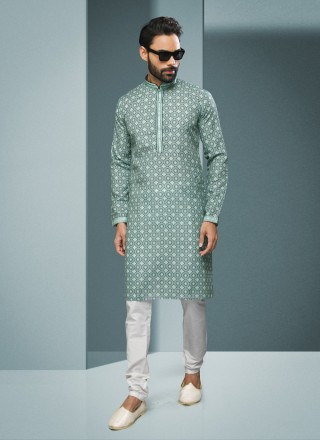 Digital Print Handloom Cotton Kurta Pyjama in Green