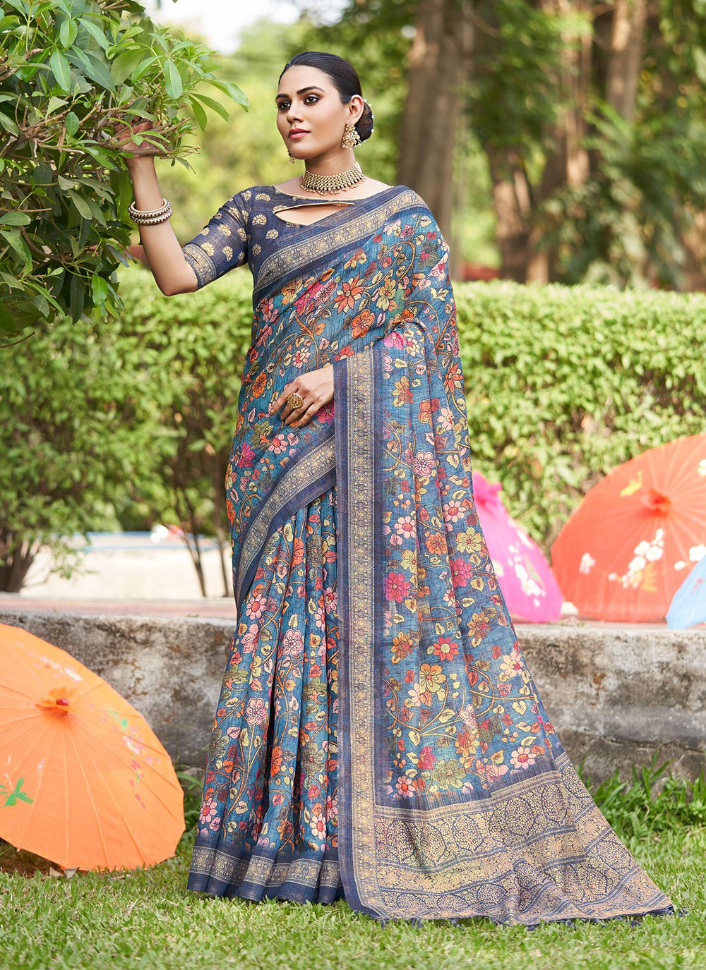 Digital Print Linen Multi Colour Traditional Designer Saree