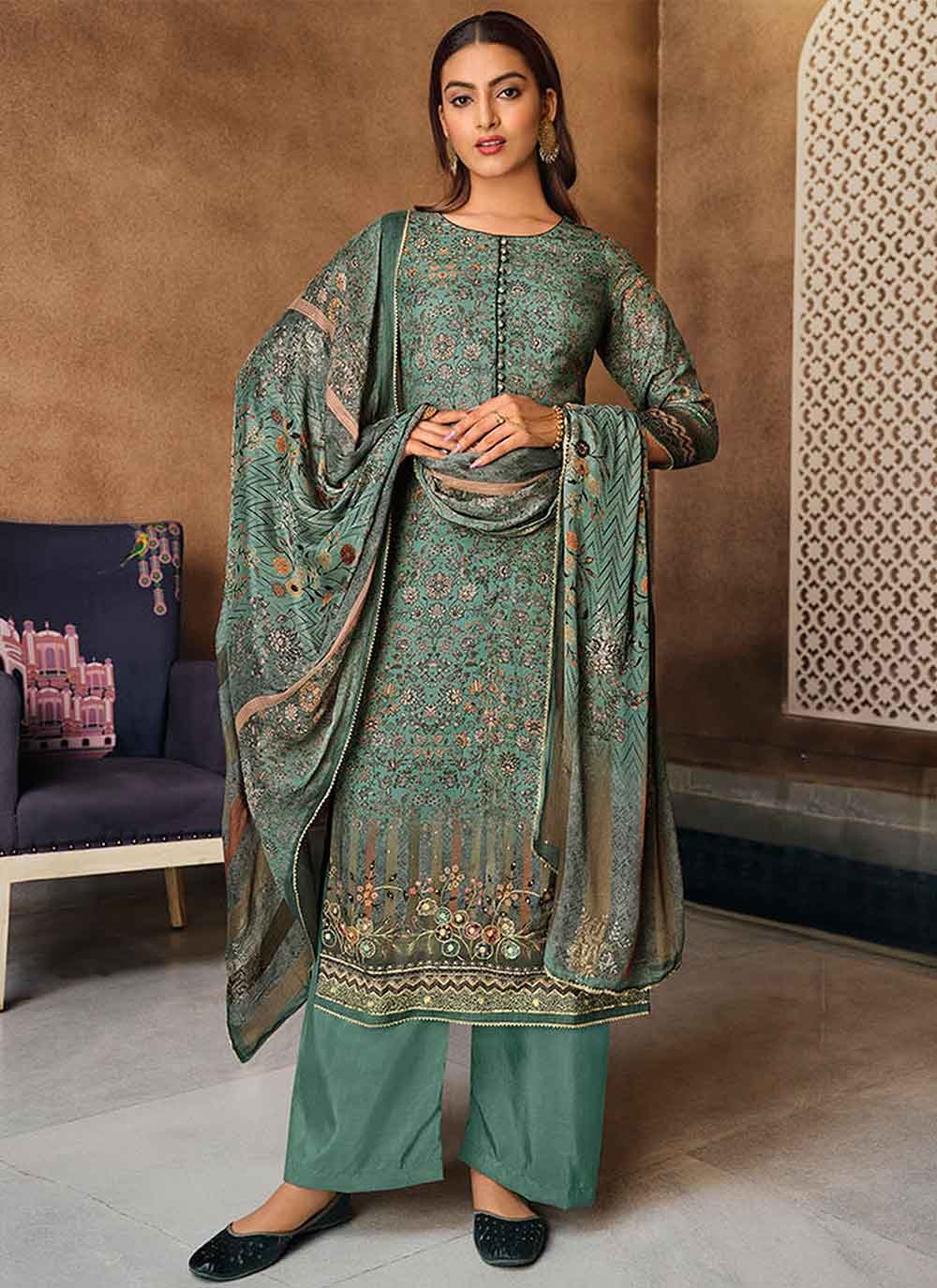 Digital Print Muslin Designer Pakistani Suit in Turquoise
