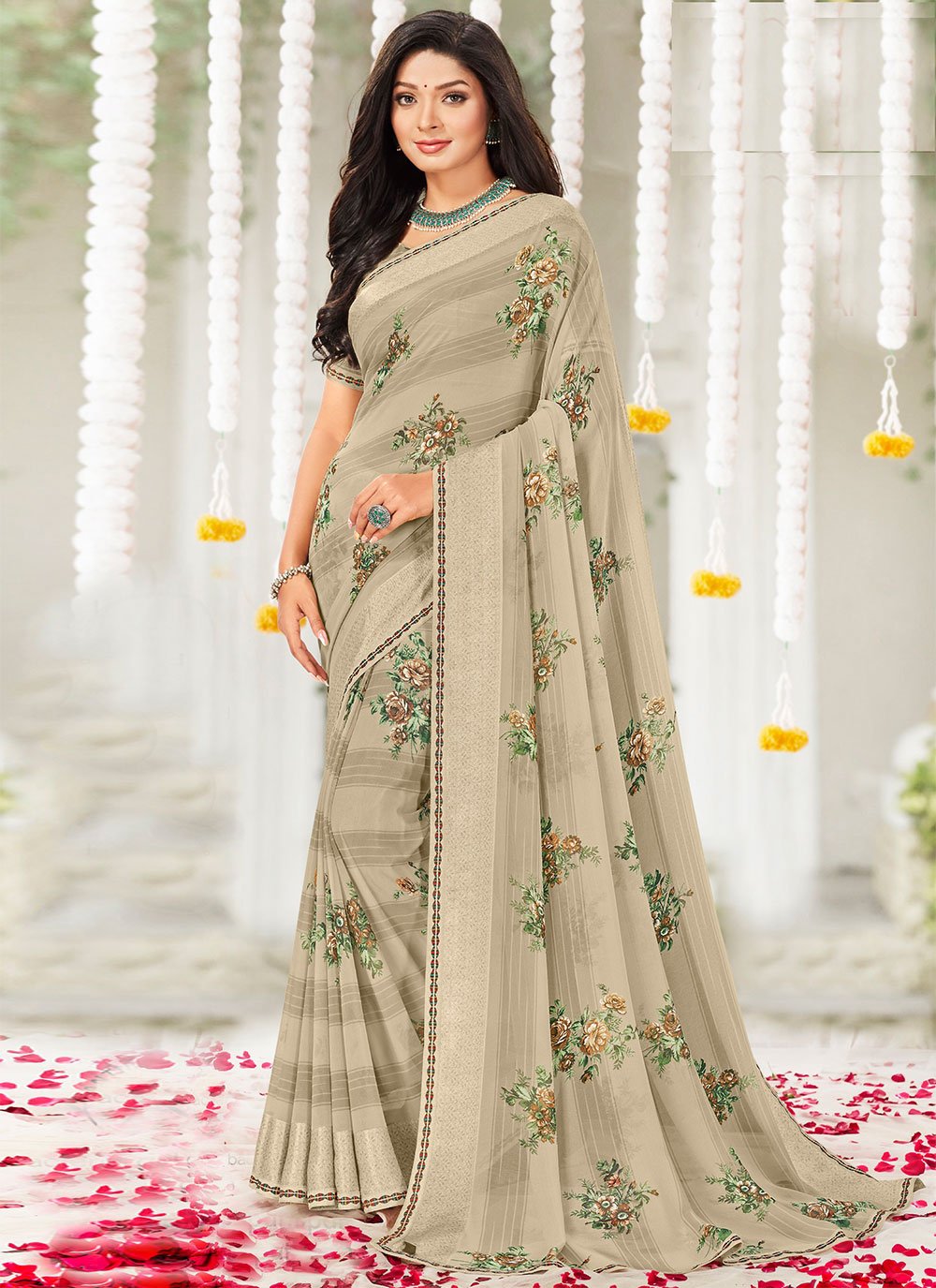 Faux Georgette Trendy Saree In Off White