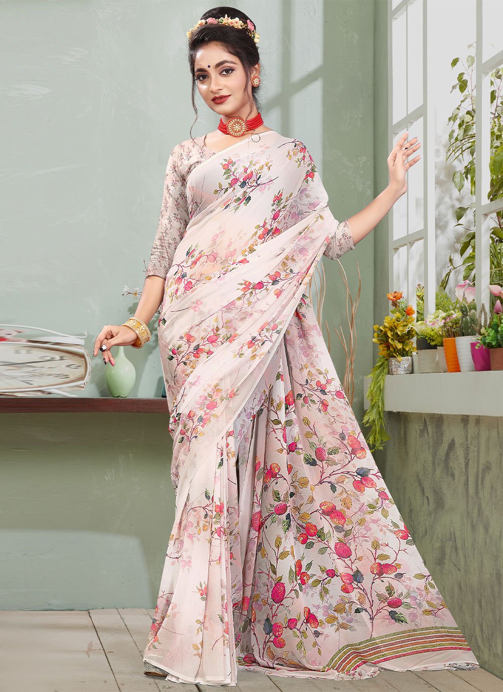 Digital Print Off White Weight Less Contemporary Style Saree