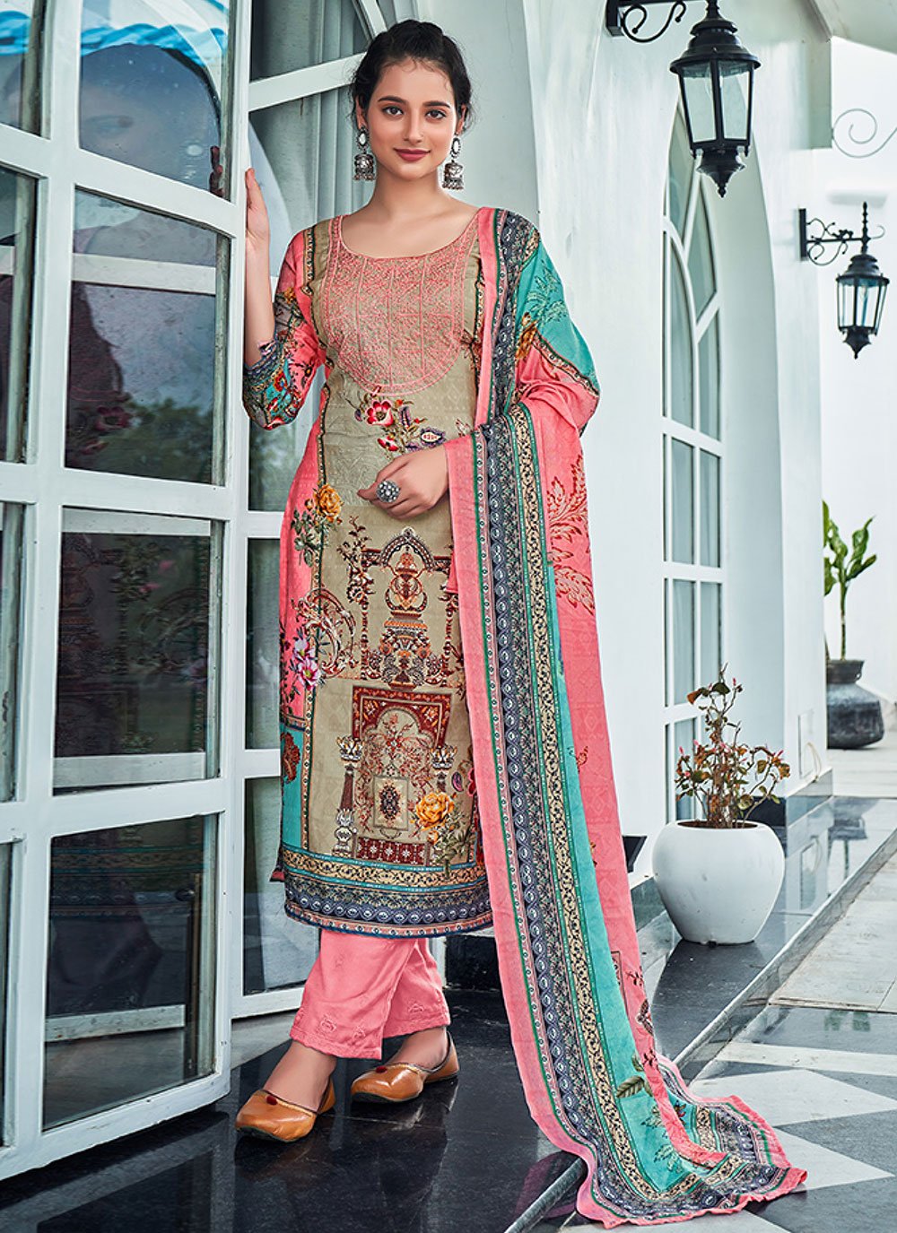 Digital Printed Art Silk Pakistani Suit in Off White : KCH10602