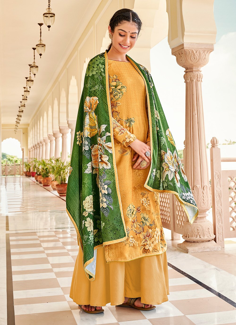 Digital Print Pashmina Designer Palazzo Suit in Yellow