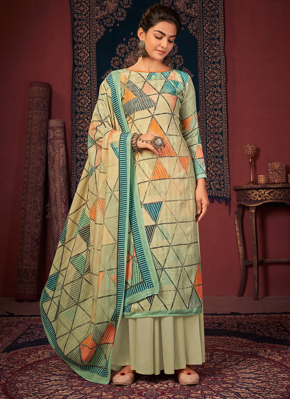 Digital Print Pashnima Silk Green Designer Palazzo Salwar Suit