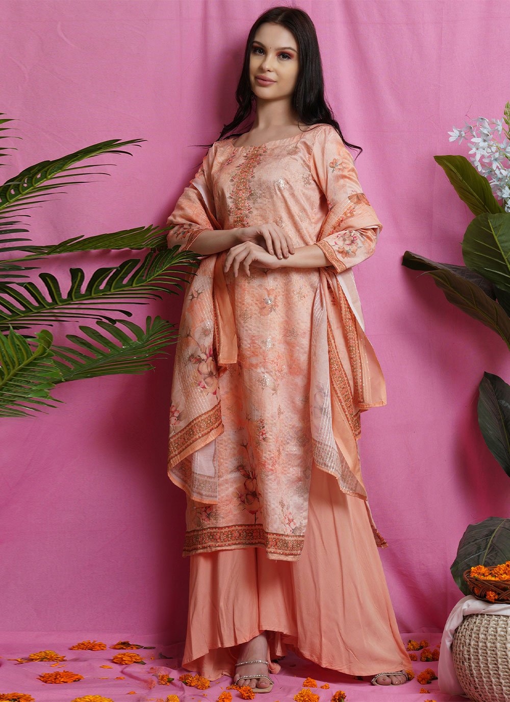Digital Print Peach Satin Trendy Salwar Suit