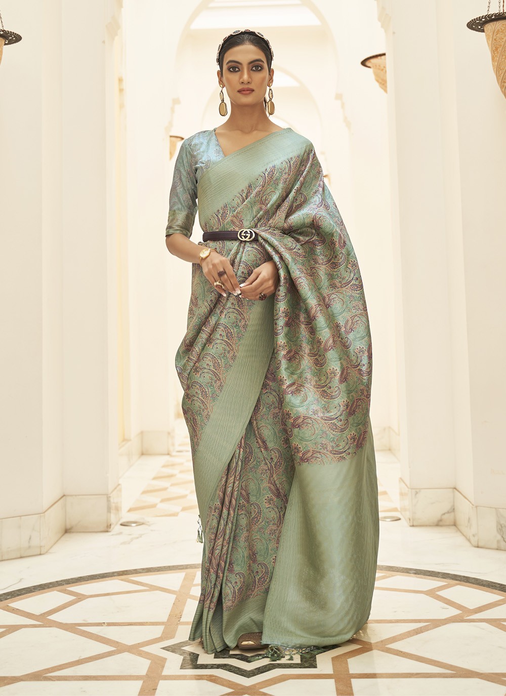 Digital Print Silk Trendy Saree in Green