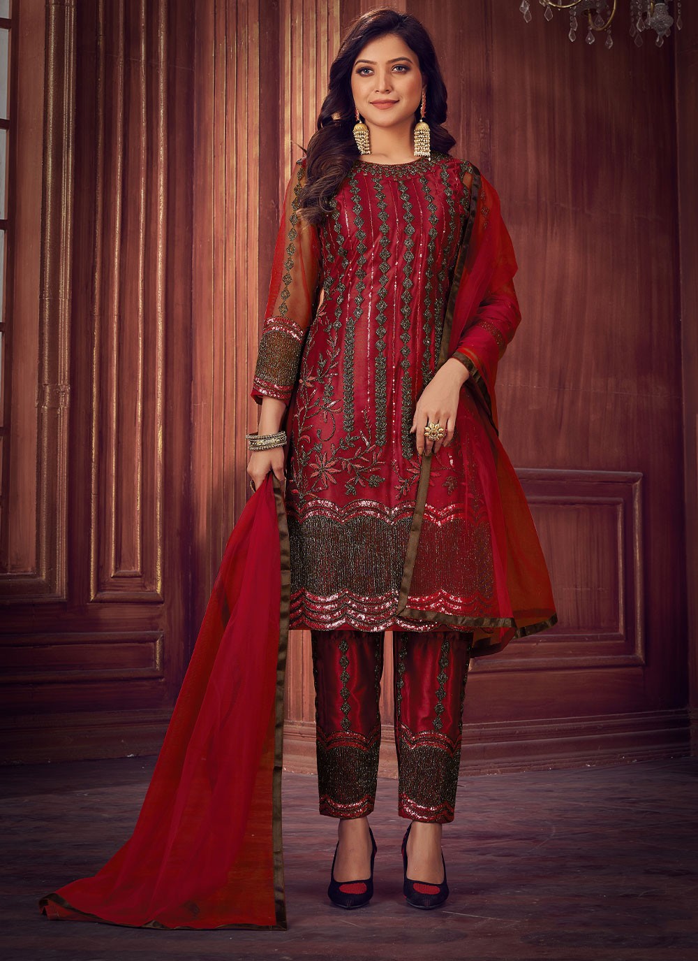 Dori Work Net Maroon Designer Salwar Suit