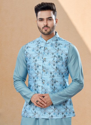 Dupion Silk Digital Print Aqua Blue Kurta Payjama With Jacket