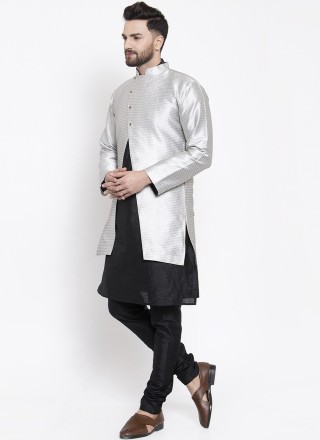 Dupion Silk Fancy Kurta Payjama With Jacket in Black and Silver