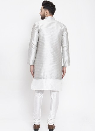 Dupion Silk Fancy Silver and White Kurta Payjama With Jacket