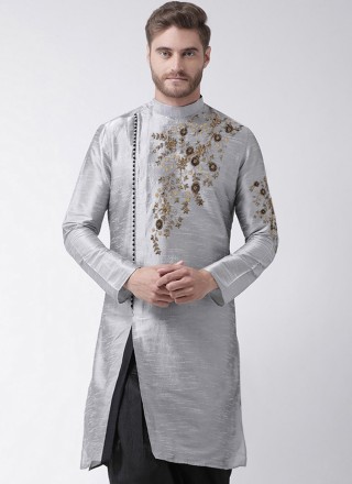 Dupion Silk Grey Embroidered Angrakha
