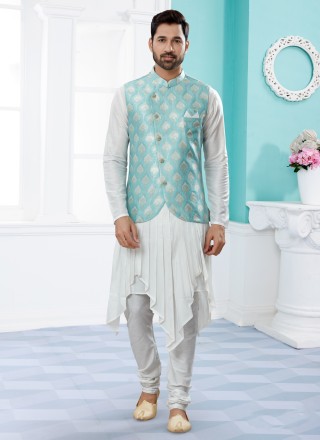 Dupion Silk Jacquard Work Indo Western in Off White and Turquoise