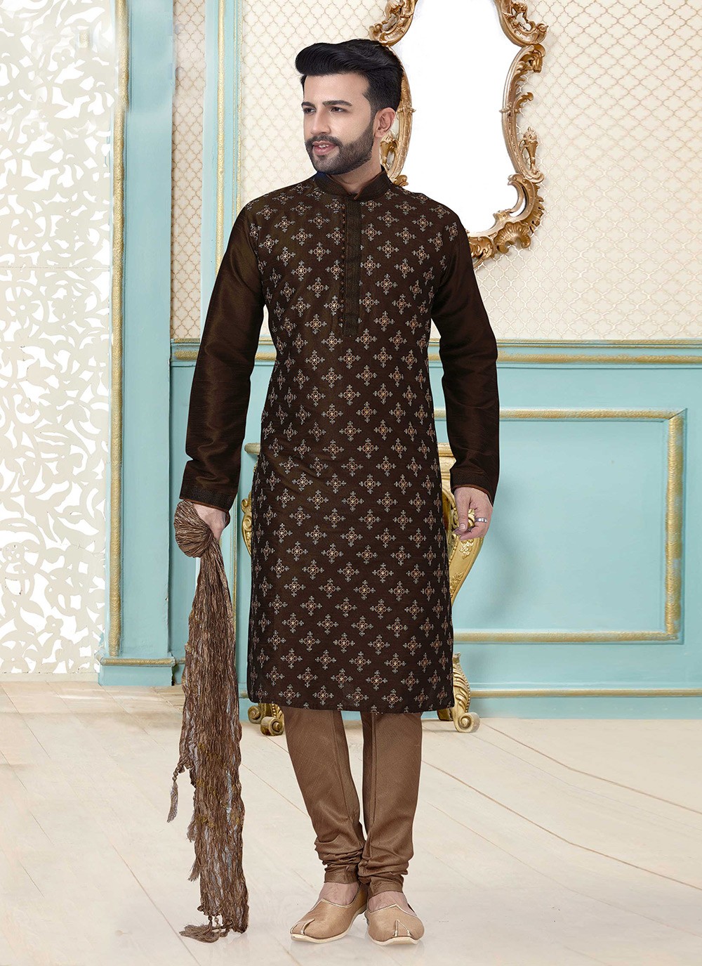 Dupion Silk Kurta Pyjama in Brown buy online