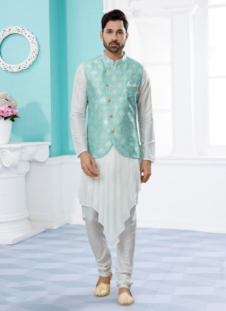Dupion Silk Off White and Turquoise Indo Western
