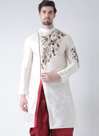 Dupion Silk White Embroidered Angrakha