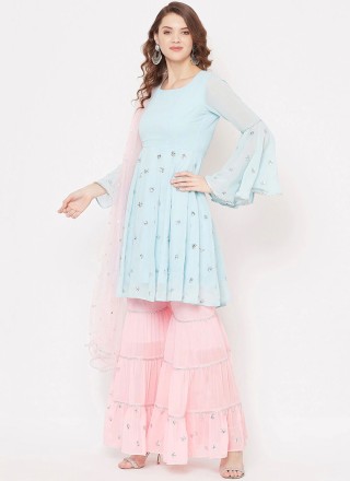 Embroidered Aqua Blue Georgette Palazzo Salwar Suit