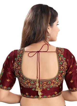 Embroidered Art Silk Blouse in Maroon