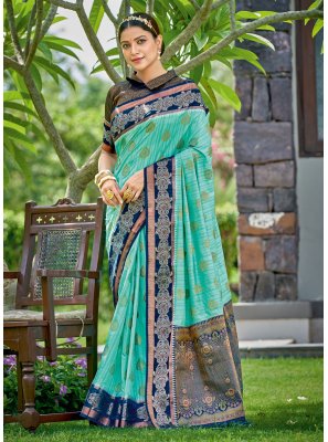 Embroidered Banarasi Silk Traditional Saree in Turquoise