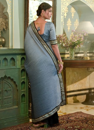 Embroidered Black and Grey Chinon Saree
