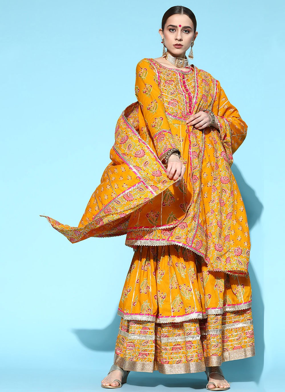 Embroidered Blended Cotton Mustard Designer Palazzo Suit