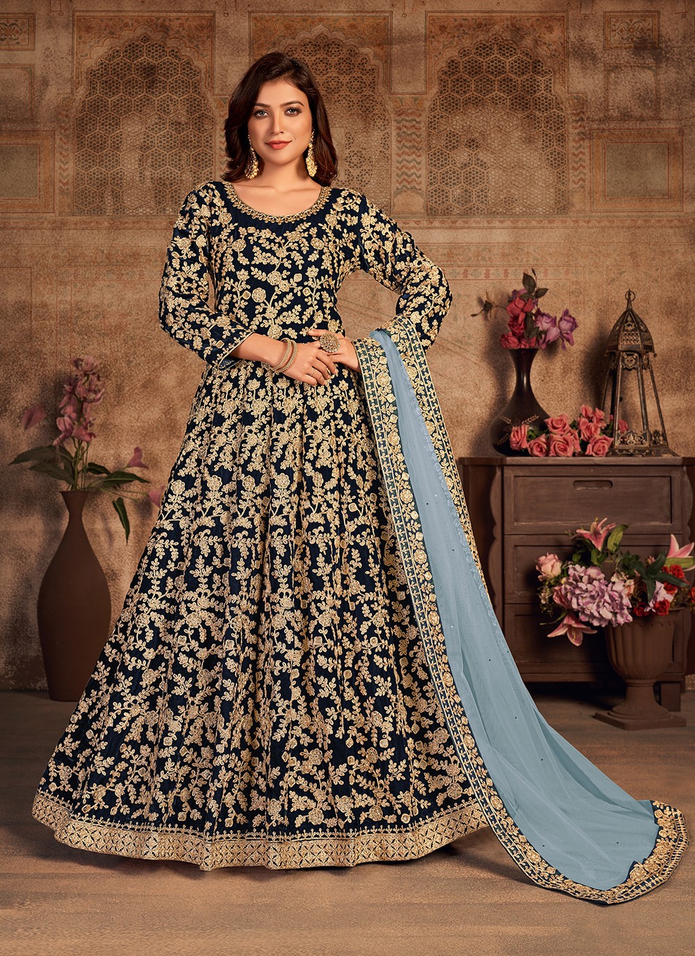 Embroidered Blue Velvet Floor Length Designer Salwar Suit