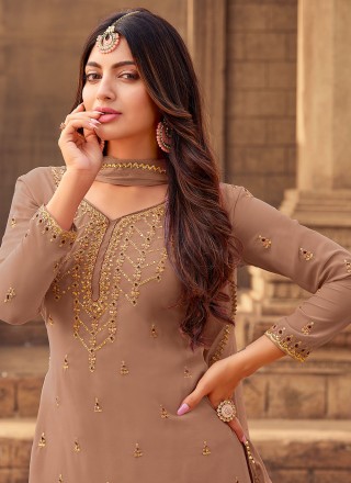 Embroidered Brown Faux Georgette Designer Pakistani Salwar Suit
